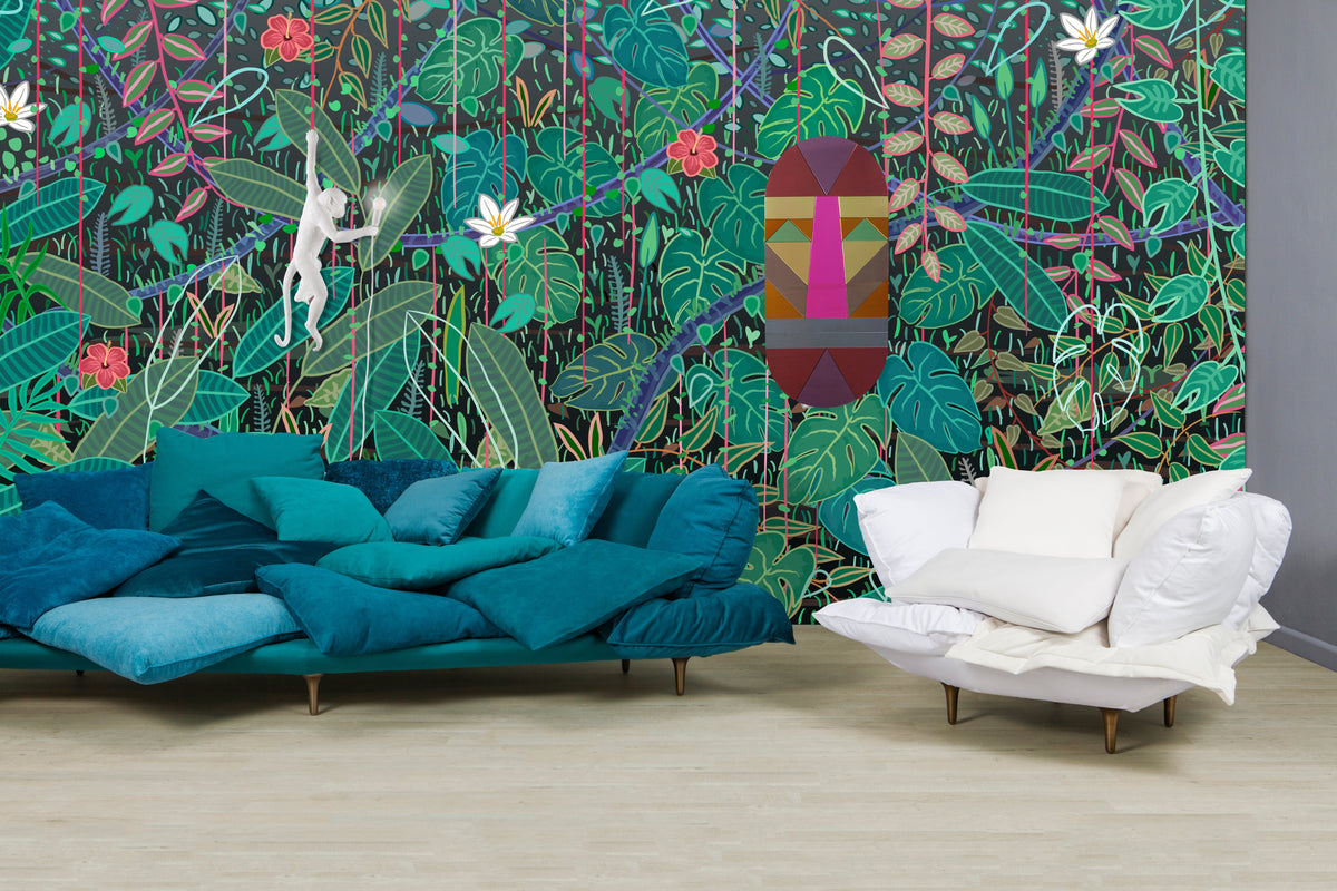 Fauteuil Comfy Armchair White de Marcantonio - Seletti-fauteuil blanc et canapé turquoise devant un papier peint végétal-Seletti