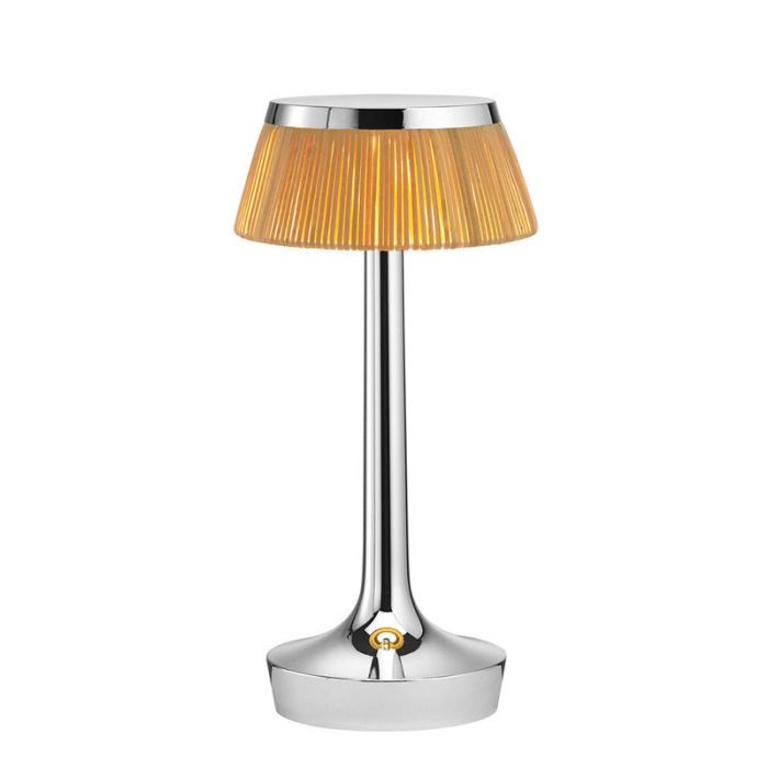 Lampe à poser Bon Jour Unplugged de Philippe Starck - Flos-Chrome-Abat-Jour Rotin-The Woods Gallery