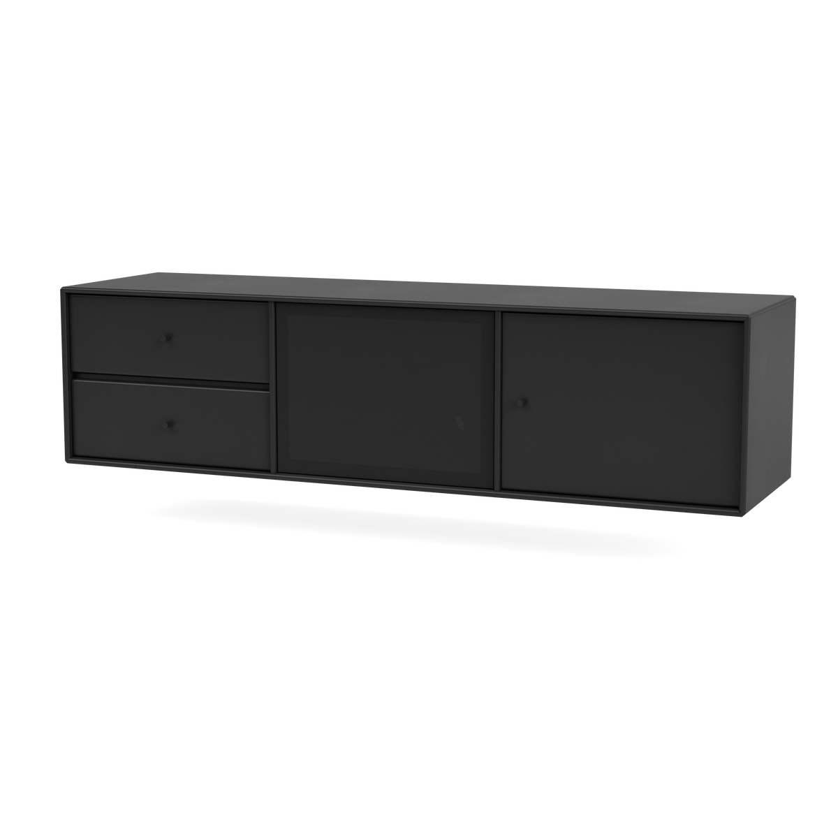 Meuble Tv Octave VI par Peter J. Lassen, laque 05 Black, suspendu au mur, packshot Montana