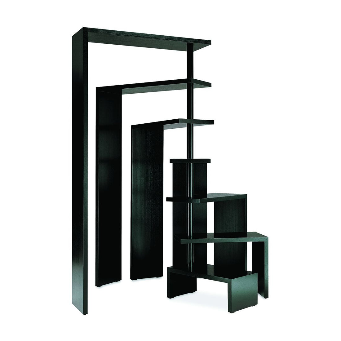 Meuble à étagère pivotantes Joy par Achille Castiglioni - Zanotta-montants et tablettes décalés, de trois quarts-The Woods Gallery