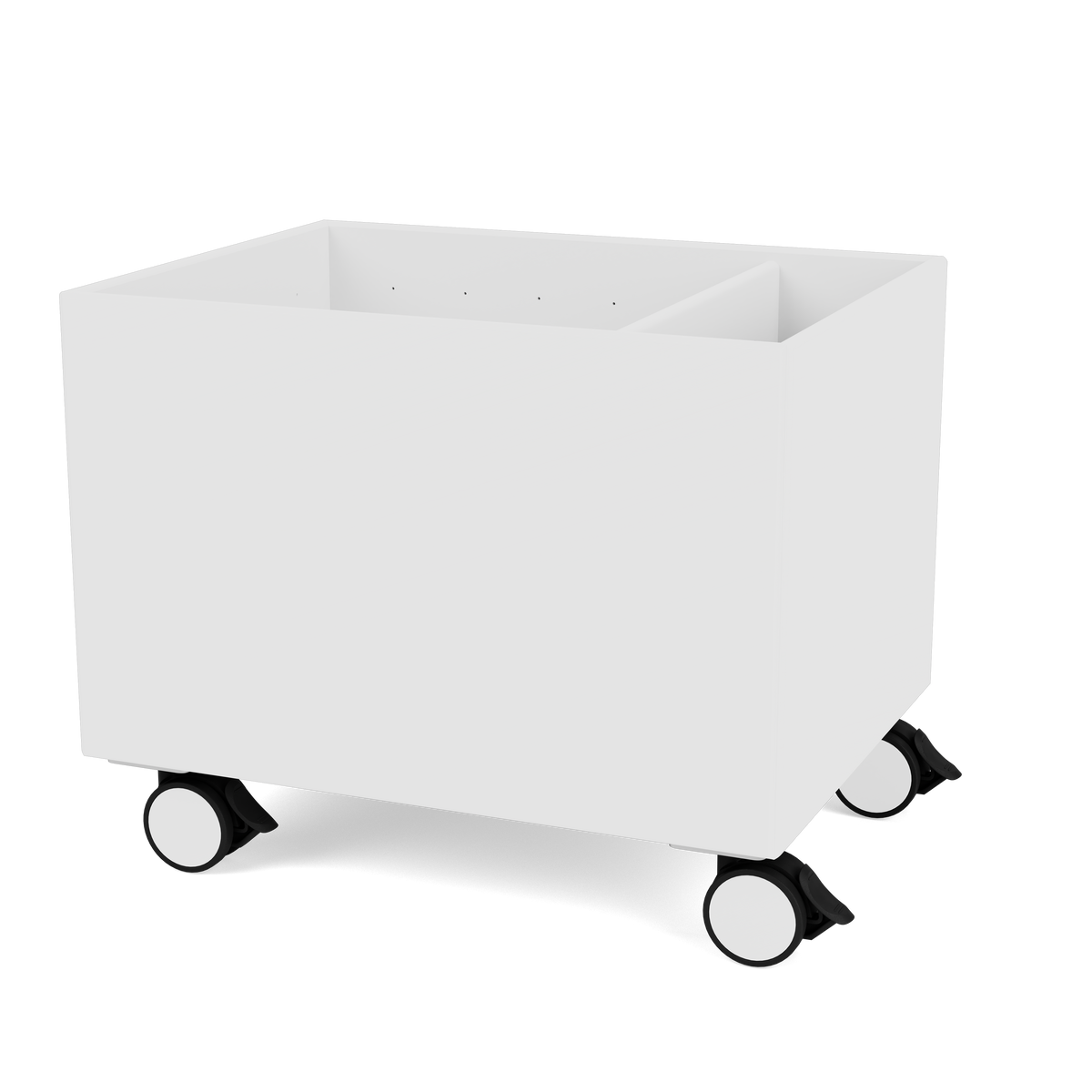 Colour Box II Montana laquée 101 New White, sur roulettes, vue de trois quarts