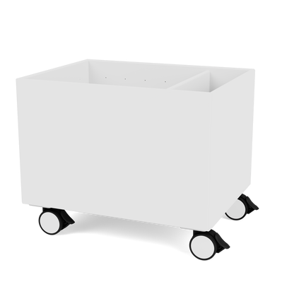Colour Box II Montana laquée 101 New White, sur roulettes, vue de trois quarts
