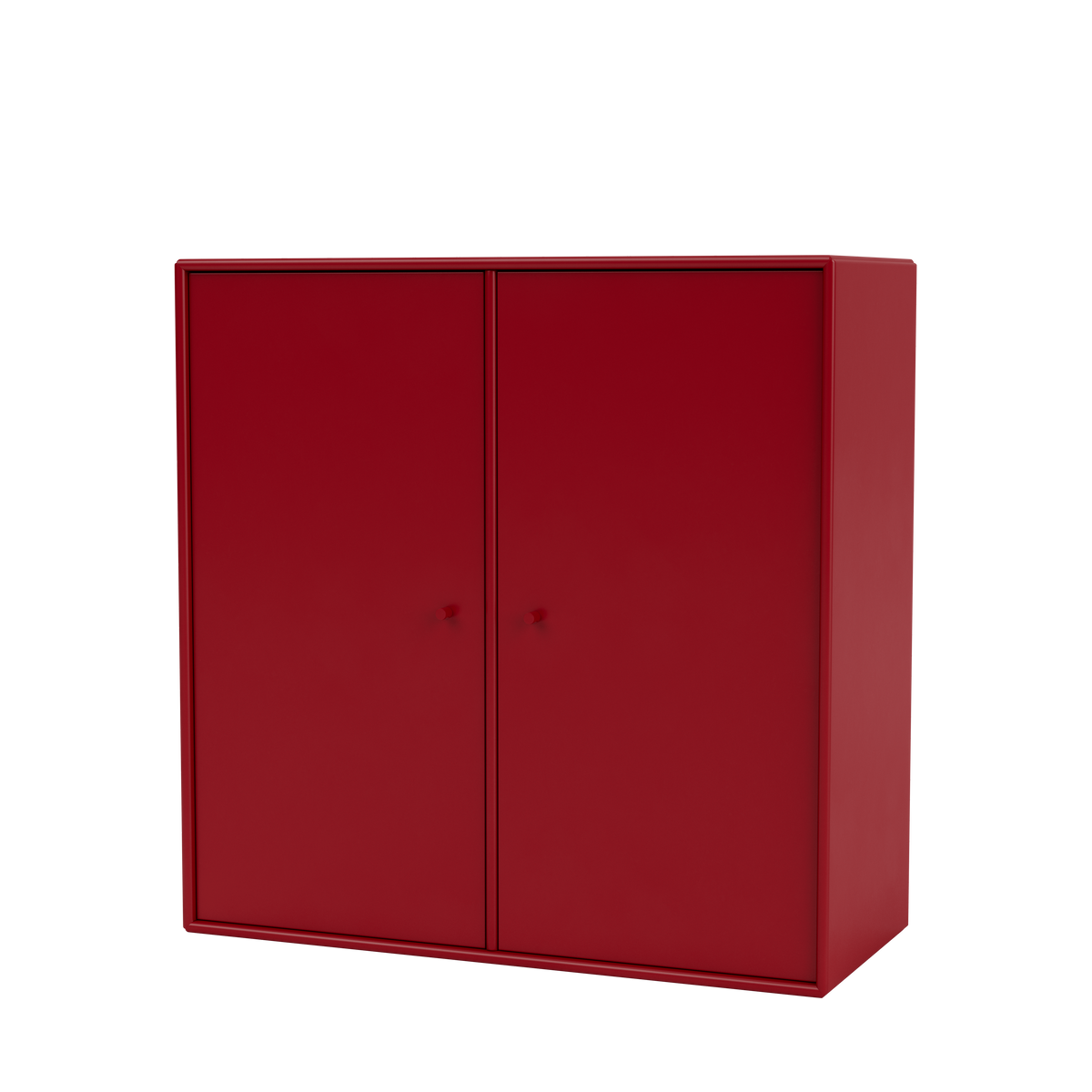 Meuble de rangement Cover Montana, laque 165 Beetroot, suspendu au rail mural, vue de trois quarts sur fond blanc