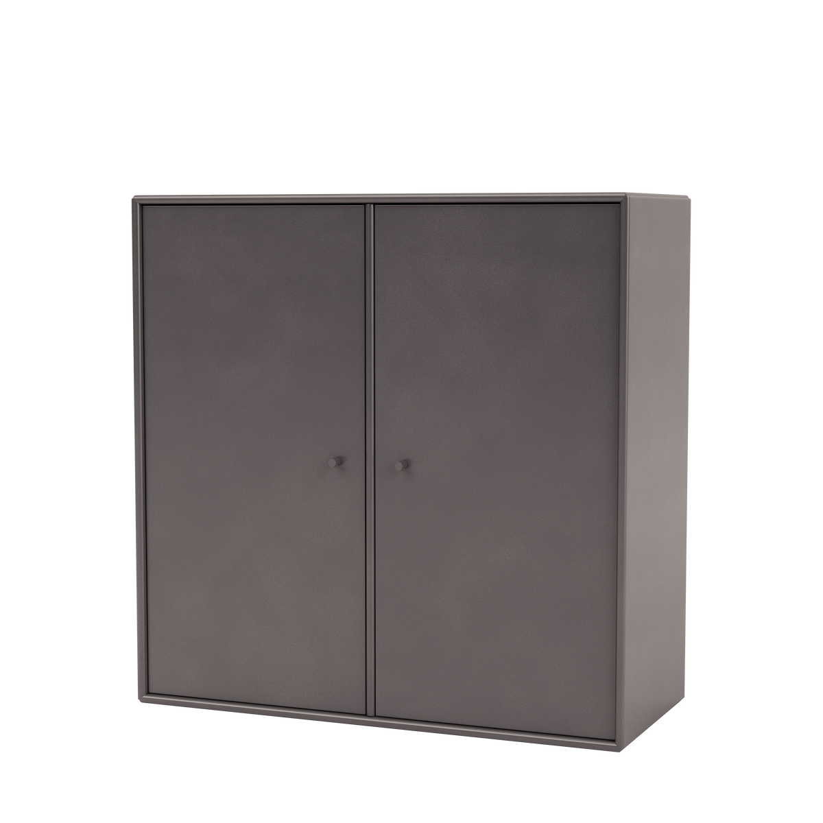 Meuble de rangement Cover Montana, laque 35 Coffee, suspendu au rail mural, vue de trois quarts sur fond blanc