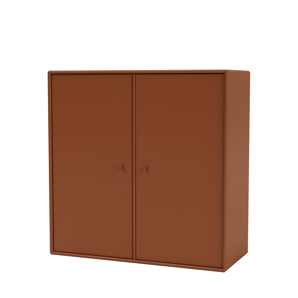 Meuble de rangement Cover Montana, laque 146 Hazelnut, suspendu au rail mural, vue de trois quarts sur fond blanc