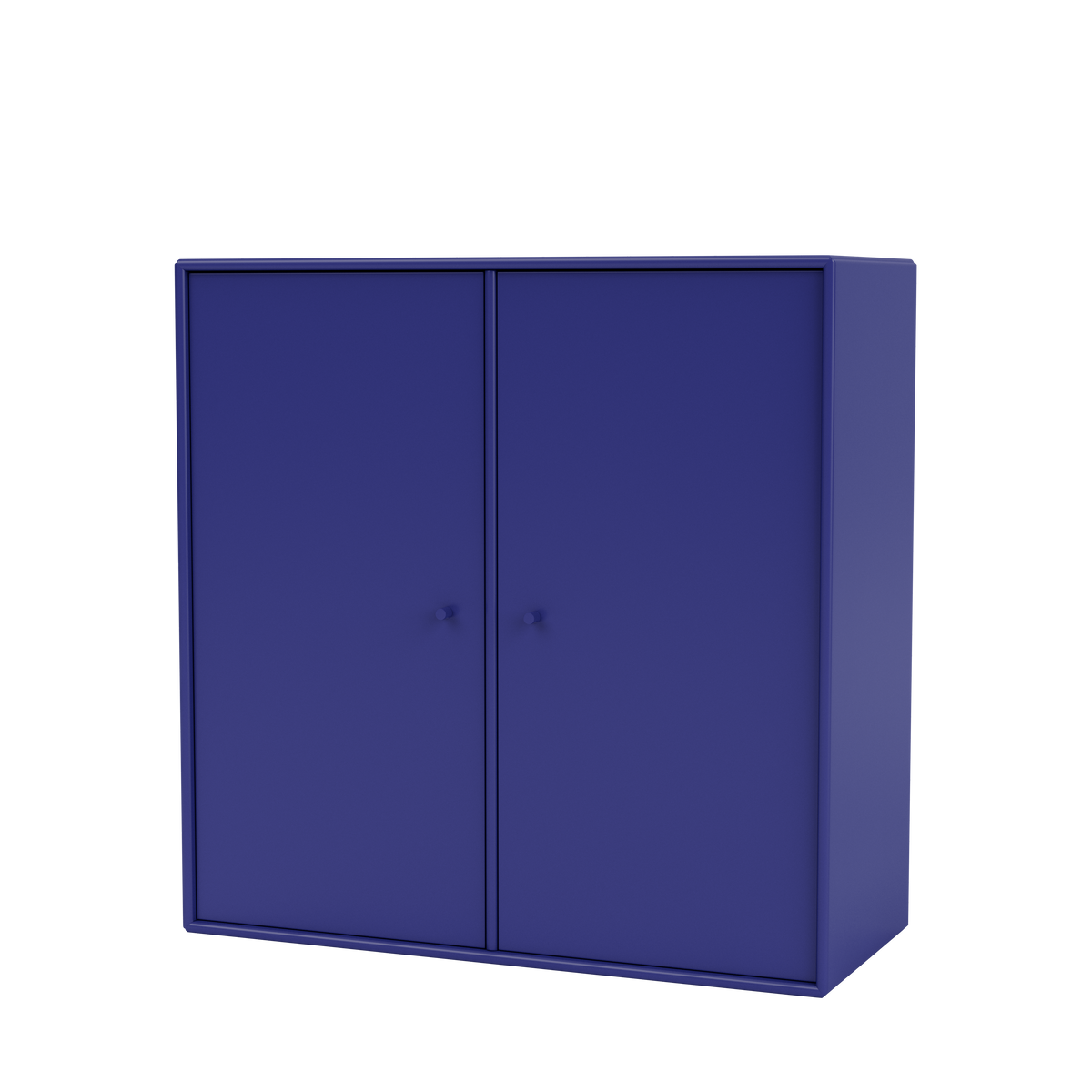 Meuble de rangement Cover Montana, laque 135 Monarch, suspendu au rail mural, vue de trois quarts sur fond blanc