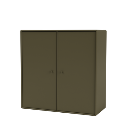 Meuble de rangement Cover Montana, laque 139 Oregano, suspendu au rail mural, vue de trois quarts sur fond blanc