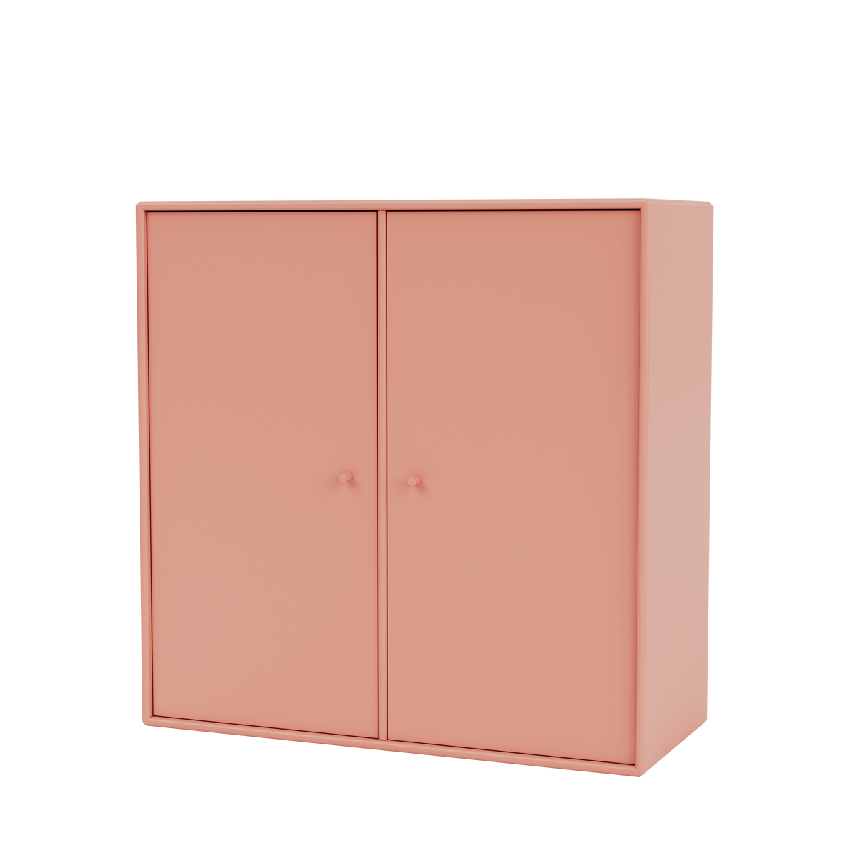 Meuble de rangement Cover Montana, laque 151 Rhubarb, suspendu au rail mural, vue de trois quarts sur fond blanc