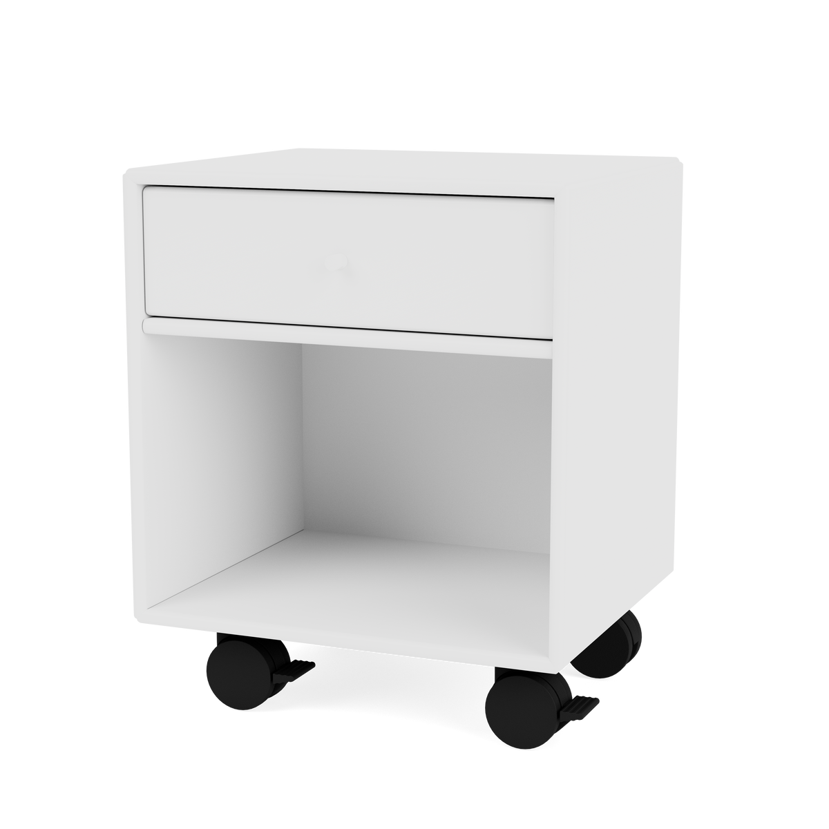 Table de chevet Dream Quick Ship, laque 101 New White, sur roulettes, packshot Montana