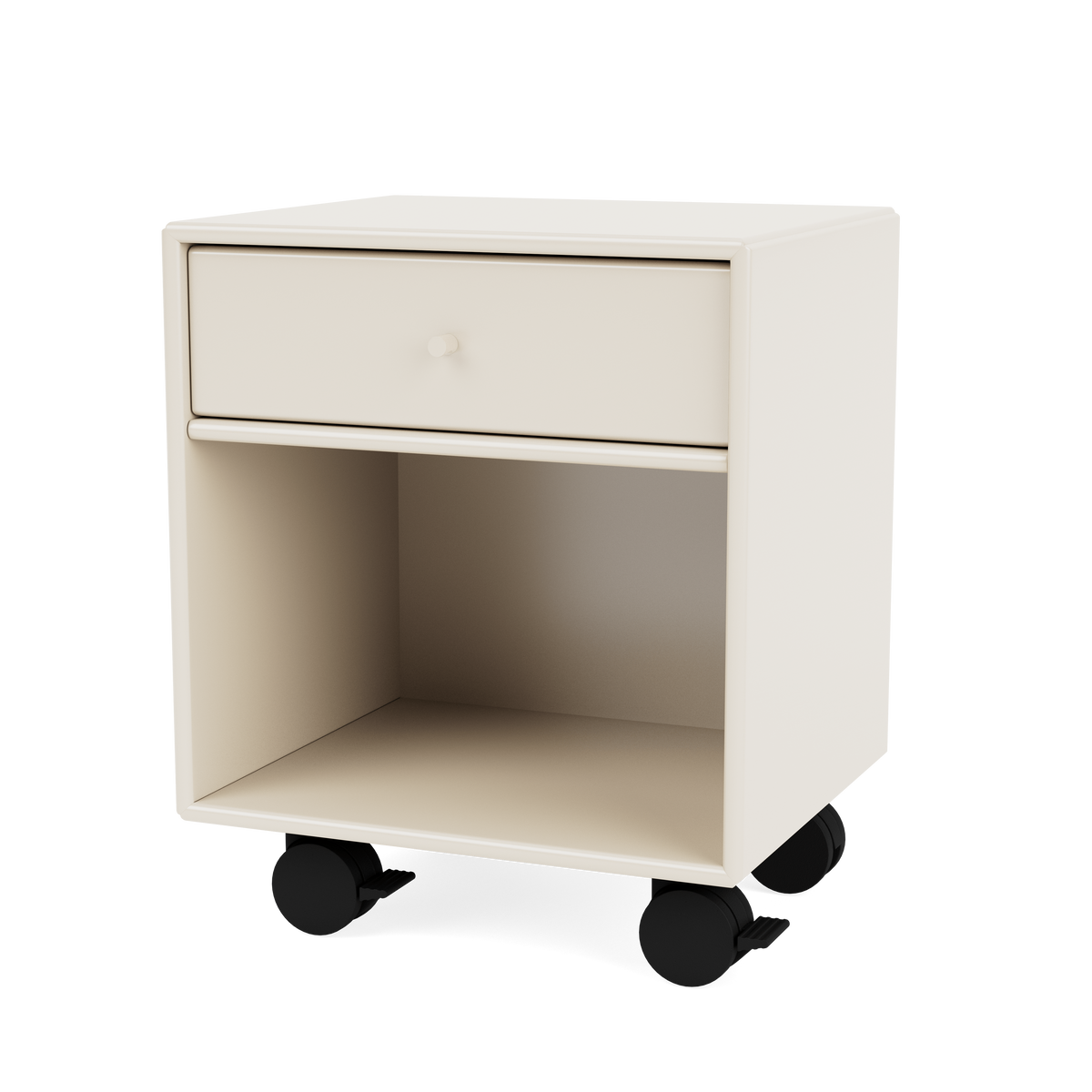 Table de chevet Dream Quick Ship, laque 158 Oat, sur roulettes, packshot Montana
