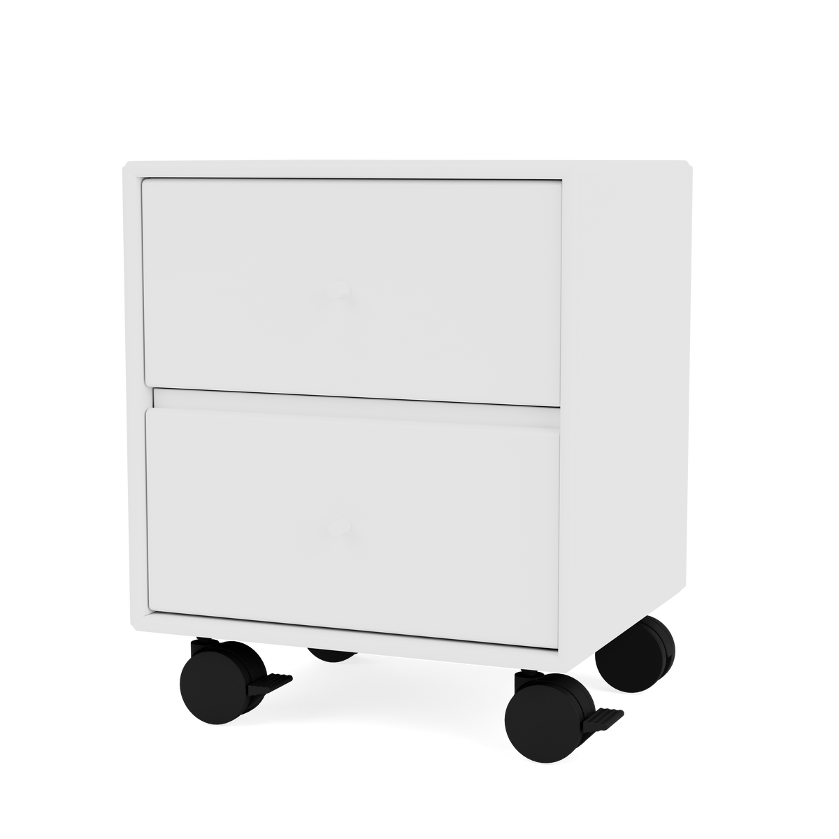 Table de chevet Drift Quick Ship, laque 101 New White, sur roulettes, packshot Montana