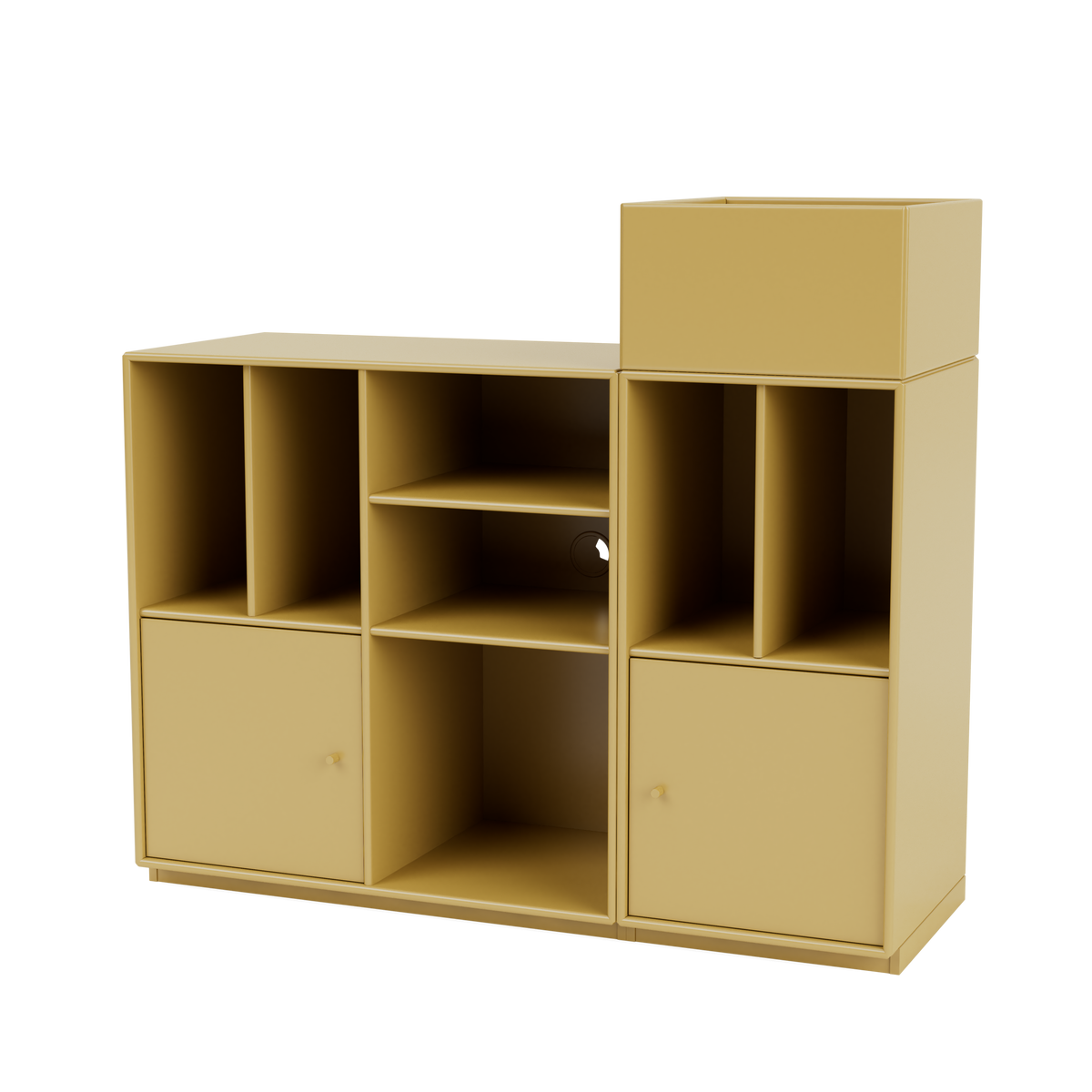 Rangement à vinyles Spin III Quick Ship, laque 157 Cumin, sur socle de 3 cm, packshot Montana