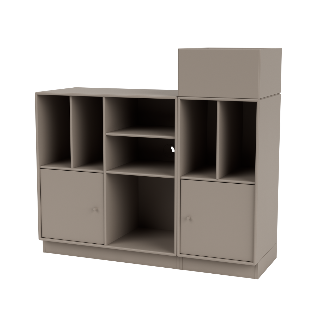 Rangement à vinyles Spin III Quick Ship, laque 141 Truffle, sur socle de 7 cm, packshot Montana