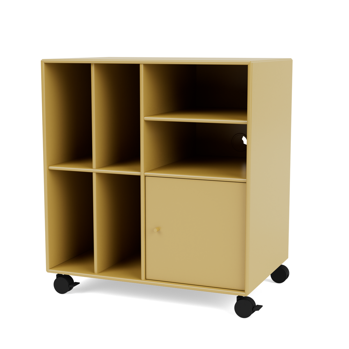 Rangement à vinyles Spin II Quick Ship, laque 157 Cumin, sur roulettes, packshot Montana