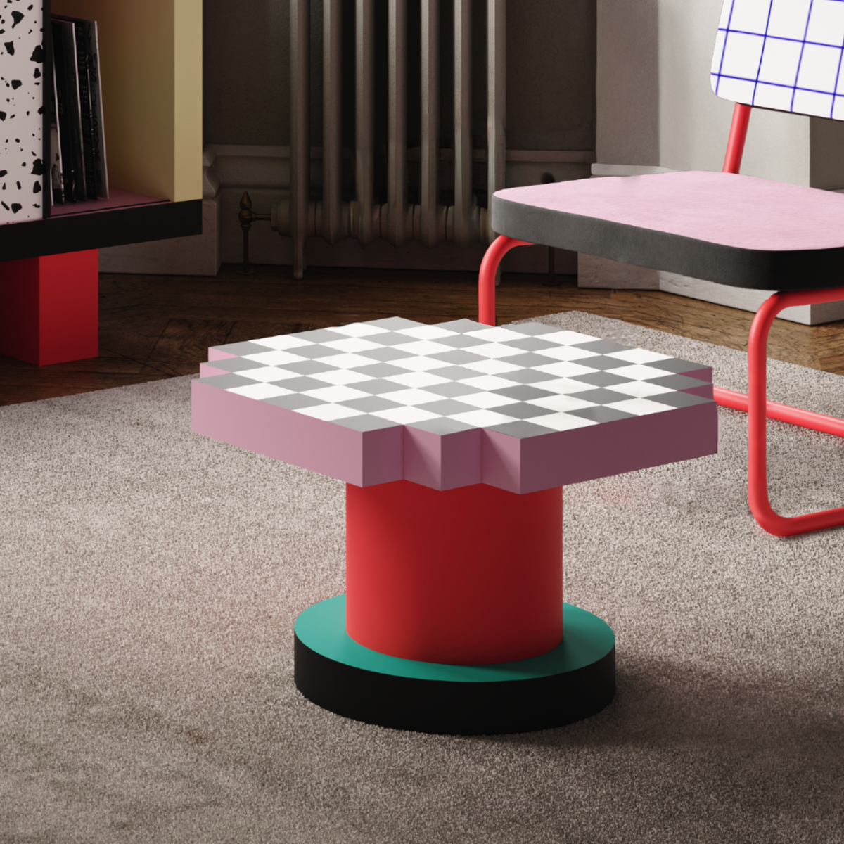 Table basse Super Coffee Table Chessboard de Hello Again - Seletti-en situation dans un salon, devant un bureau-The Woods Gallery