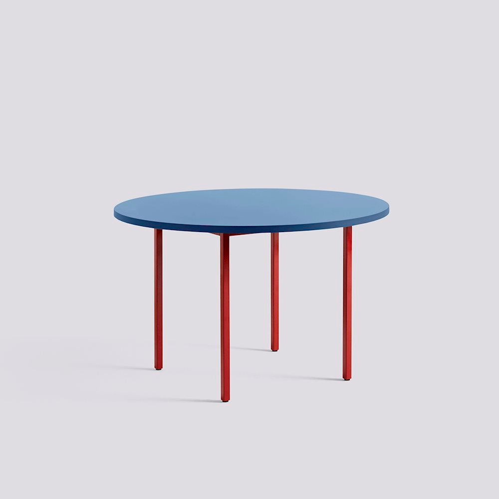 Table Ronde Two-Colour Ø 120 par Muller Van Severen - Hay-Bleu Pieds Rouge-The Woods Gallery