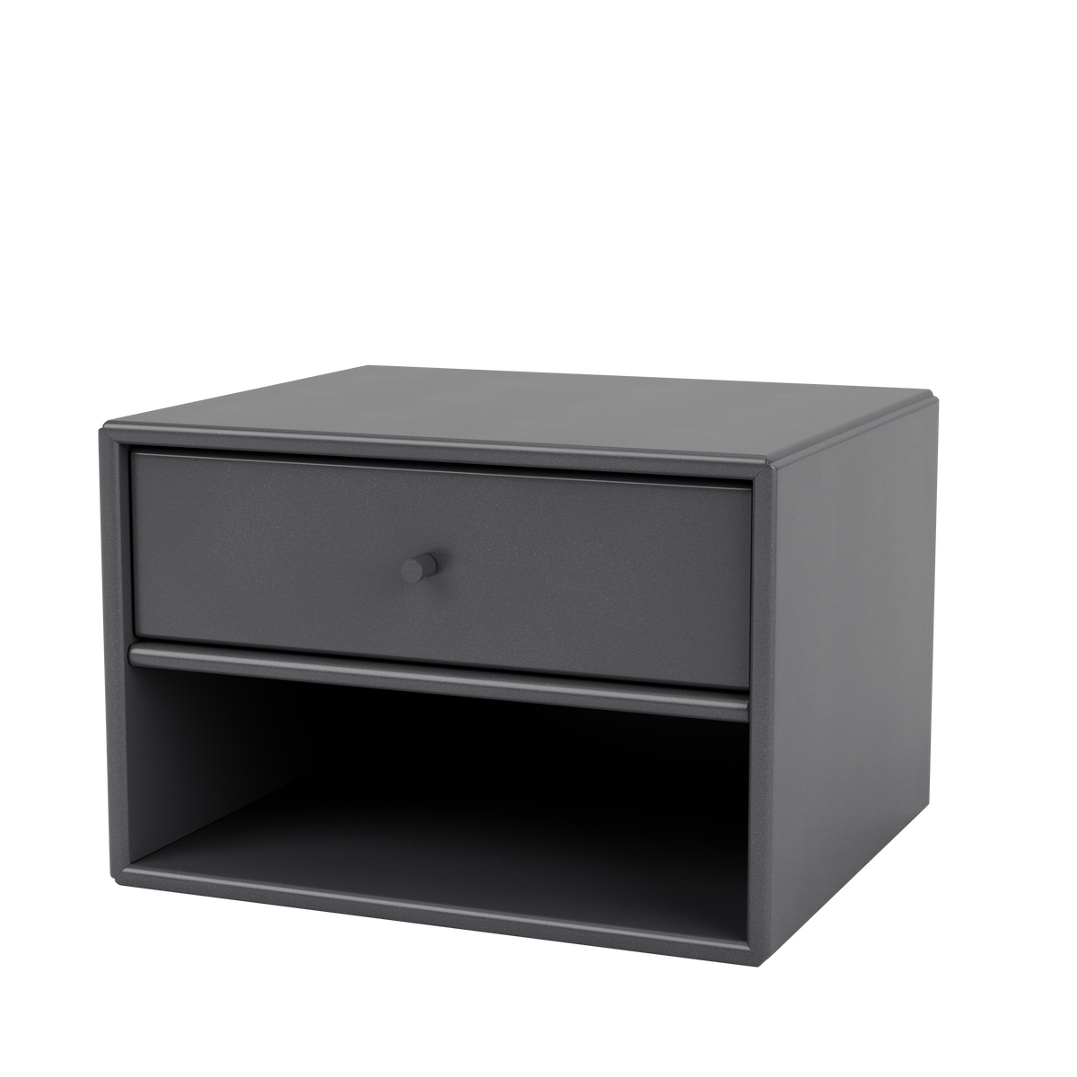 Table de nuit Dash par Peter J. Lassen, laque 36 Coal, suspendu au mur, packshot Montana