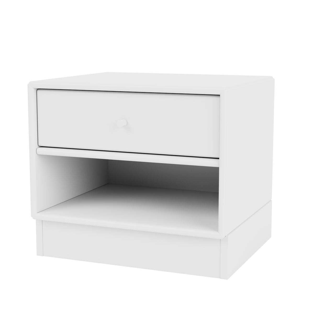 Table de nuit Dash par Peter J. Lassen, laque 38 Snow, sur socle de 7 cm, packshot Montana