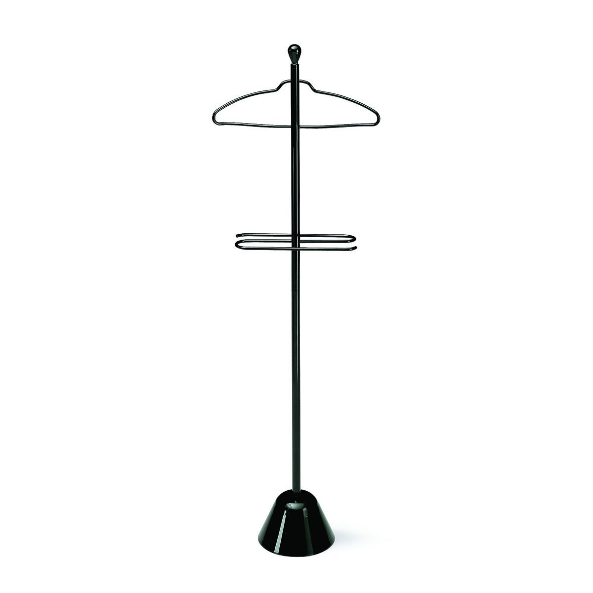 Valet de chambre Servonotte de Achille Castiglioni - Zanotta-noir, cintre et porte-pantalon sur socle conique-The Woods Gallery
