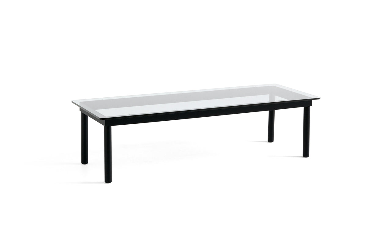 Table basse Kofi 140 x 50 cm, verre clair et piètement en chêne laqué noir