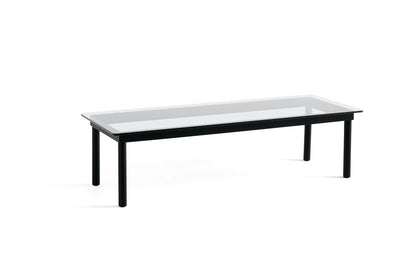 Table basse Kofi 140 x 50 cm, verre clair et piètement en chêne laqué noir