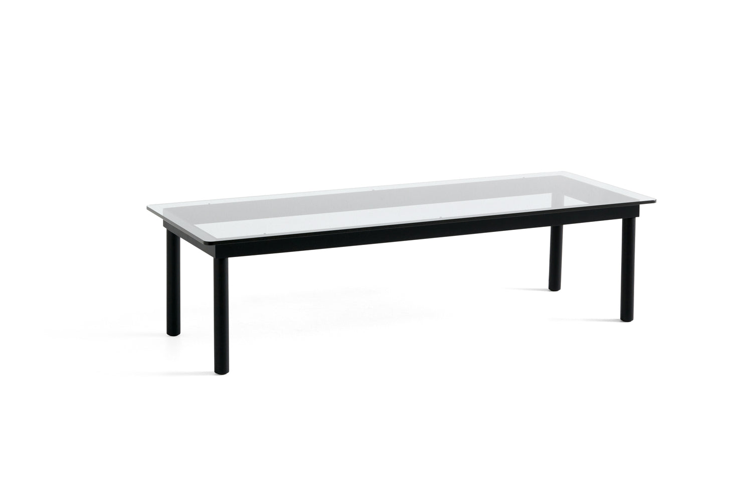 Table basse Kofi 140 x 50 cm, verre clair et piètement en chêne laqué noir