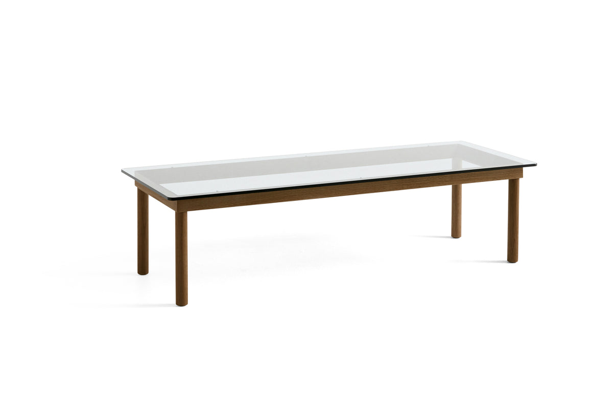Table basse Kofi 140 x 50 cm, verre clair et piètement en noyer laqué