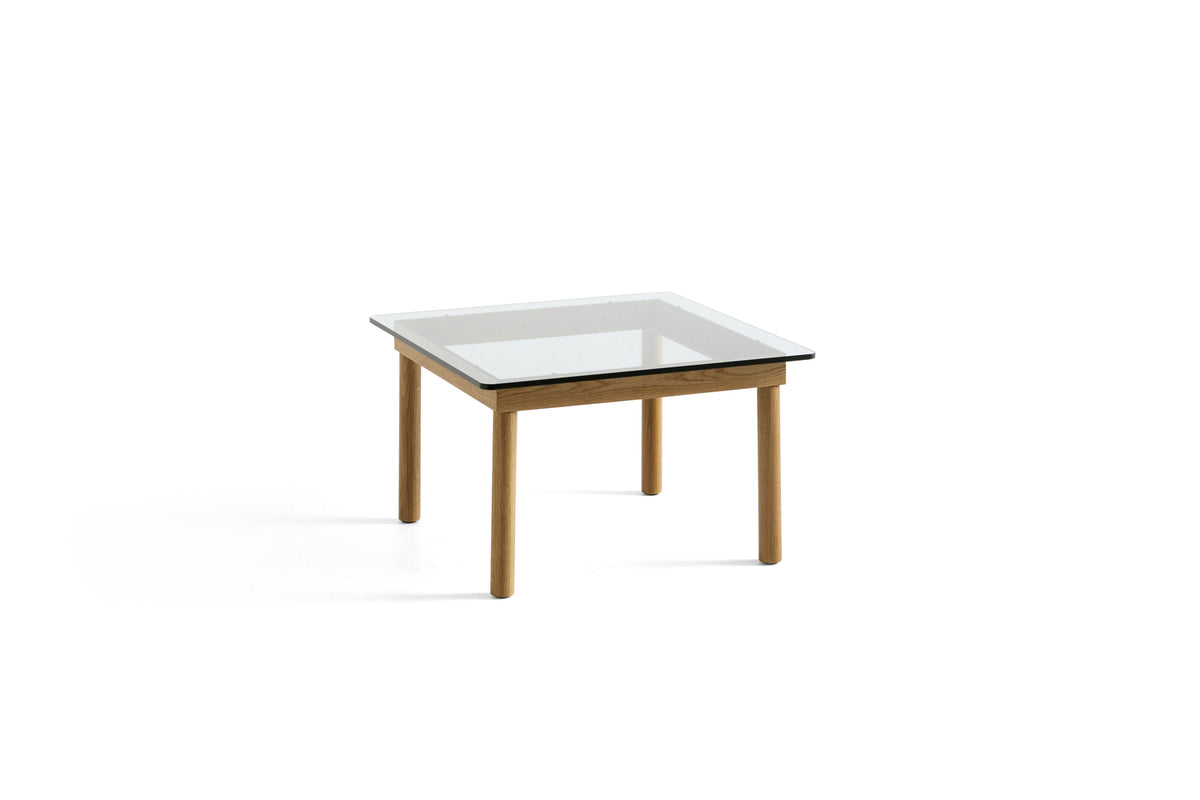 Table basse Kofi 60 x 60 cm, verre clair et piètement en chêne laqué naturel
