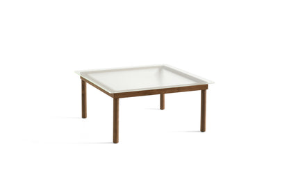 Table basse Kofi 80 x 80 cm, verre strié et piètement en noyer laqué