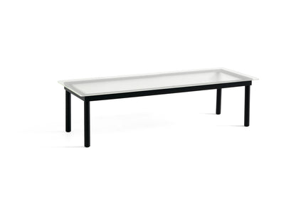 Table basse Kofi 140 x 50 cm, verre strié et piètement en chêne laqué noir