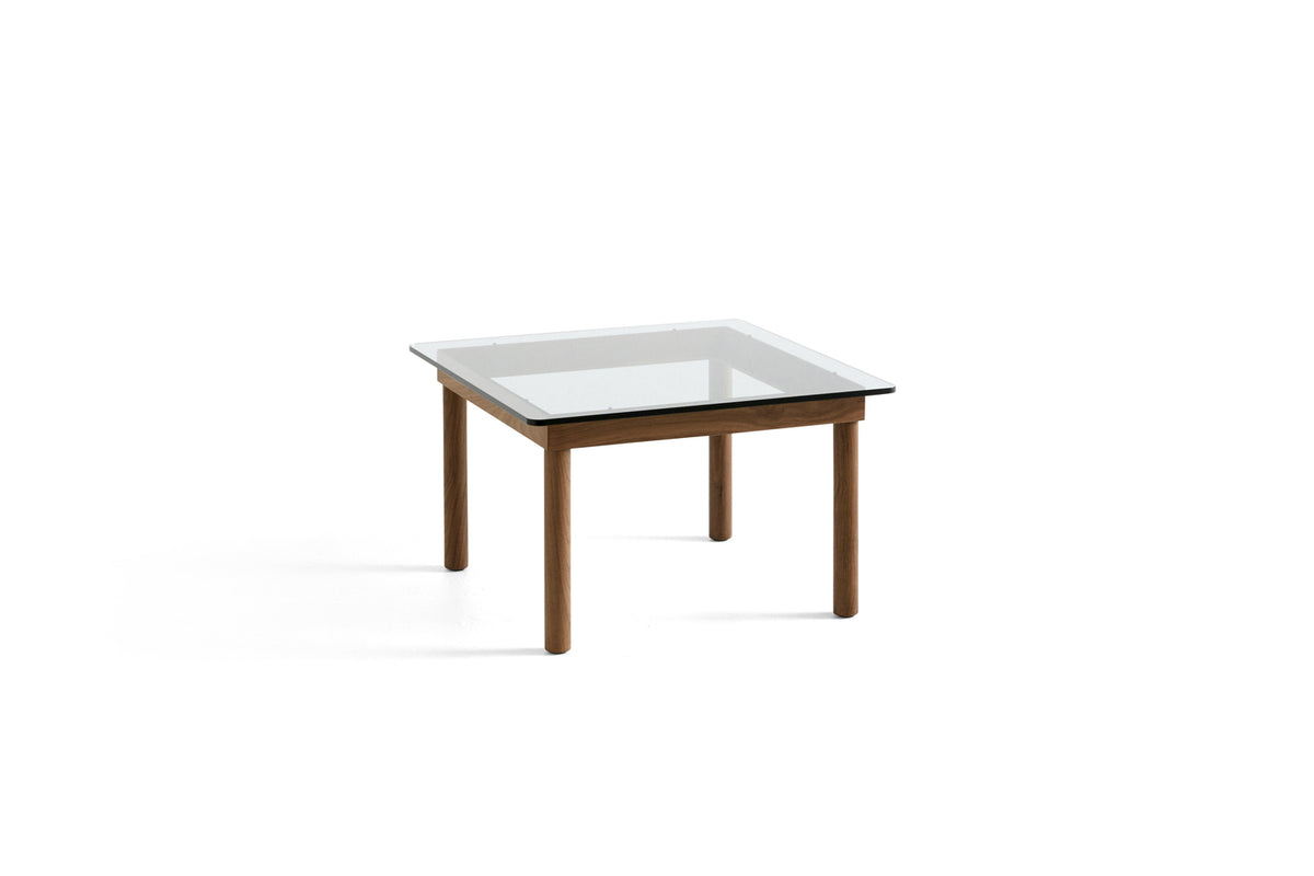 Table basse Kofi 60 x 60 cm, verre clair et piètement en noyer laqué
