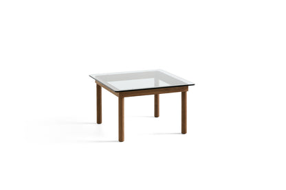 Table basse Kofi 60 x 60 cm, verre clair et piètement en noyer laqué