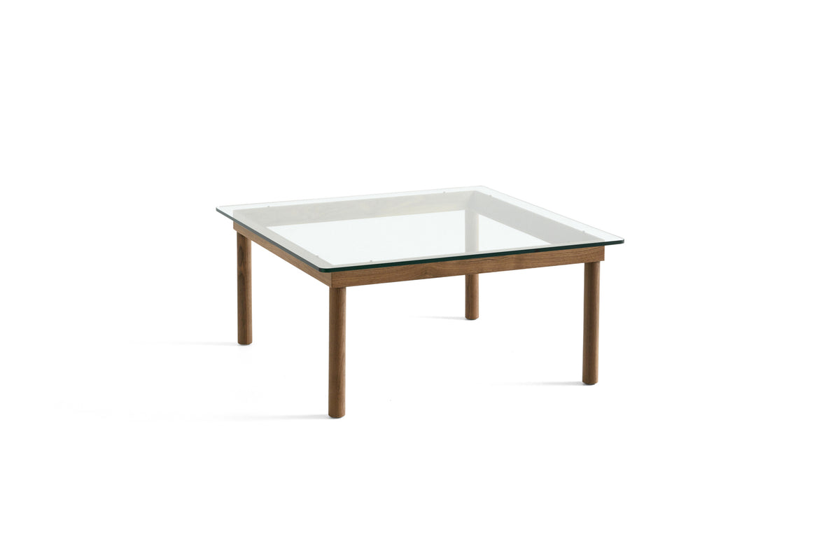 Table basse Kofi 80 x 80 cm, verre clair et piètement en noyer laqué