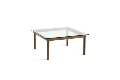Table basse Kofi 80 x 80 cm, verre clair et piètement en noyer laqué