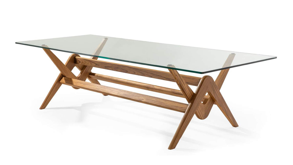 Table 056 Capitol Complex de Pierre Jeanneret - Cassina-trois quarts, plateau en verre, pieds en bois croisés-Cassina