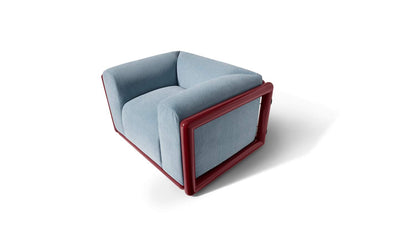 Fauteuil W08 Cornaro de Carlo Scarpa - Cassina-vue de trois quarts, tissu bleu clair et cadre laqué bordeaux-Cassina