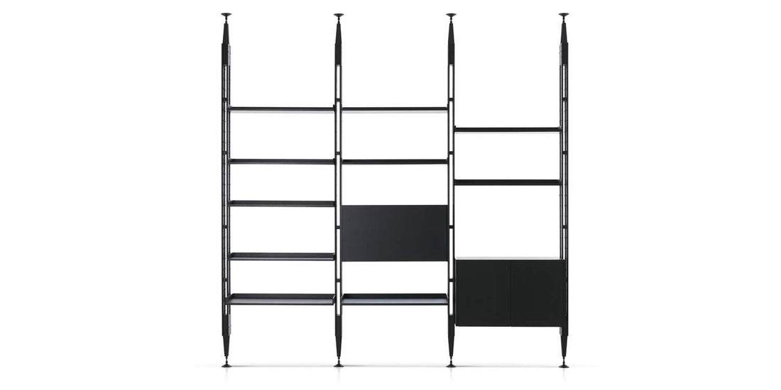 Bibliothèque 835 Infinito de Franco Albini - Cassina-vue de face, étagères et montants noirs, module à portes-Cassina