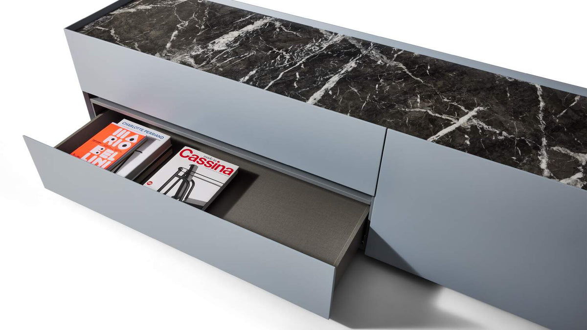Meuble Ghost Box de Mikal Harrsen - Cassina-tiroirs ouverts, plateau en marbre Marquina-The Woods Gallery