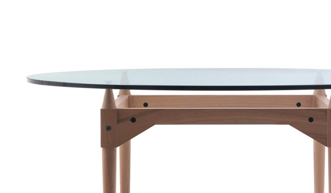 Table 839 TL3 de Franco Albini - Cassina-détail du plateau rond en verre et du piétement en bois-Cassina