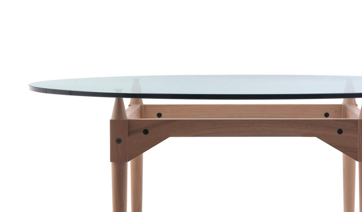 Table 839 TL3 de Franco Albini - Cassina-détail du plateau rond en verre et du piétement en bois-Cassina