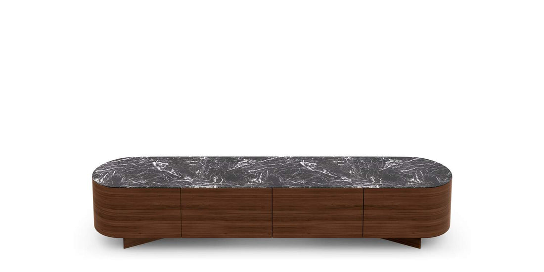 Commode Rondos de Patricia Urquiola - Cassina-commode basse 240 cm en noyer canaletto, plateau en marbre Marquina-The Woods Gallery