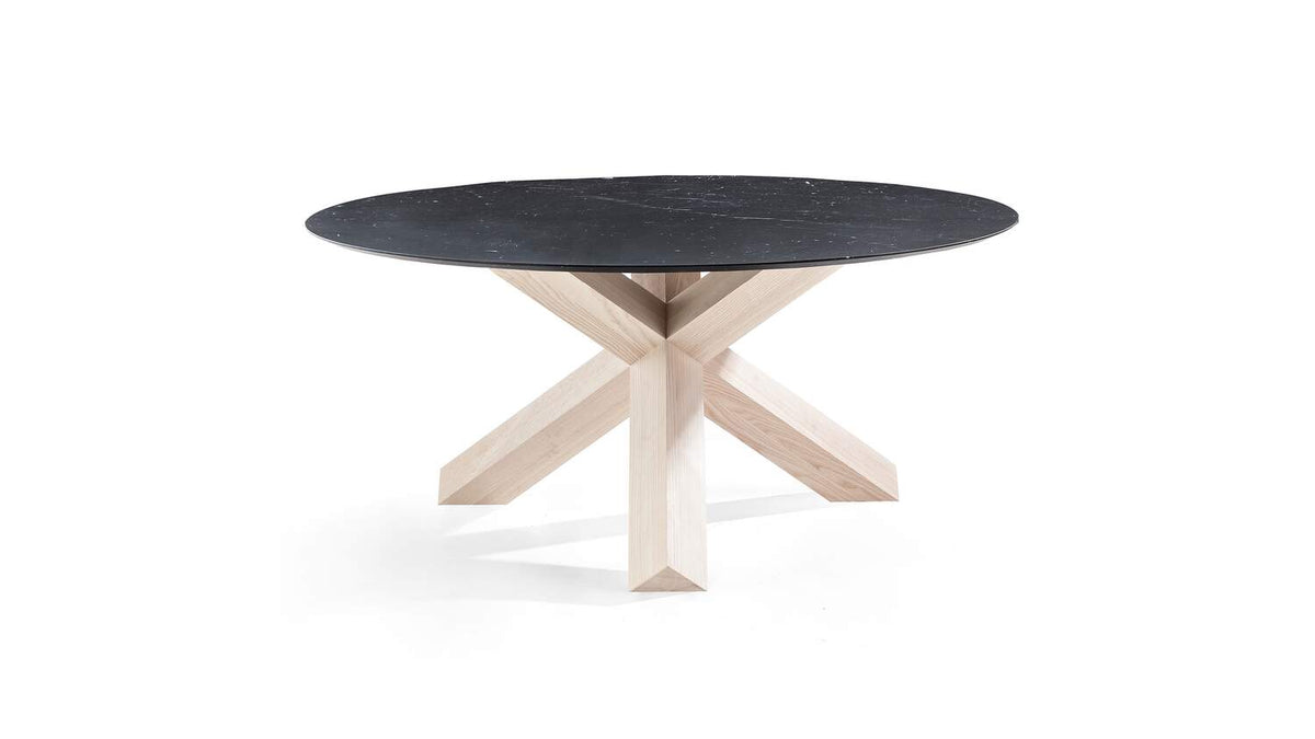 Table La Rotonda de Mario Bellini - Cassina-vue de trois quarts, plateau noir rond et pied croisé clair-Cassina