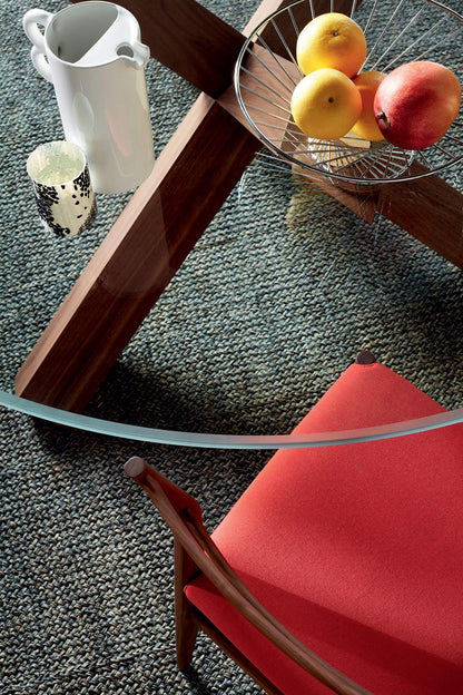 Table La Rotonda de Mario Bellini - Cassina-vue de dessus, plateau en verre et pieds en noyer-Cassina