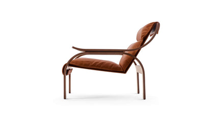 Fauteuil Woodline de Marco Zanuso - Cassina-vue de profil, cuir cognac et structure en bois-Cassina