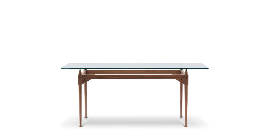 Table 839 TL3 de Franco Albini - Cassina-vue de face, plateau en verre et pieds en noyer-Cassina