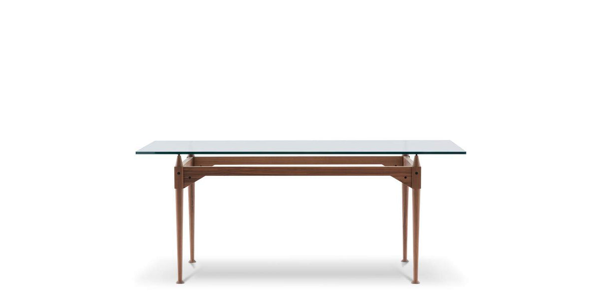 Table 839 TL3 de Franco Albini - Cassina-vue de face, plateau en verre et pieds en noyer-Cassina