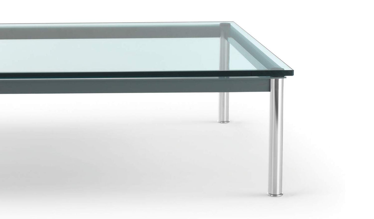 Table basse 10 en tube (LC10) - Cassina-détail du plateau en verre et du tube chromé-Cassina