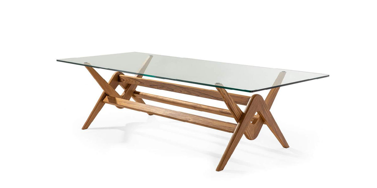 Table 056 Capitol Complex de Pierre Jeanneret - Cassina-vue de trois quarts, plateau en verre et pieds en bois-Cassina