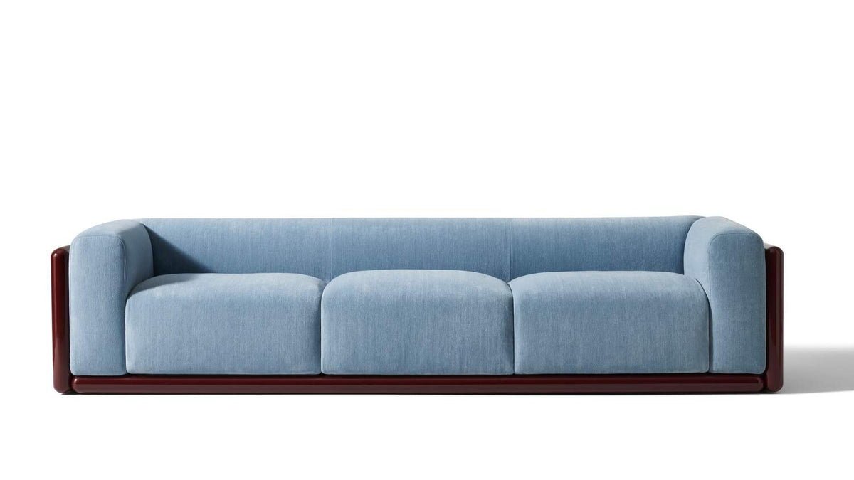 Canapé W08 Cornaro de Carlo Scarpa - Cassina-vue de face, trois places en tissu bleu, fond blanc-Cassina