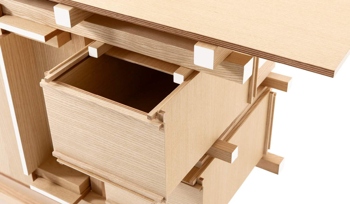 Buffet Elling de Gerrit Thomas Rietveld - Cassina-détail des tiroirs en frêne naturel-The Woods Gallery